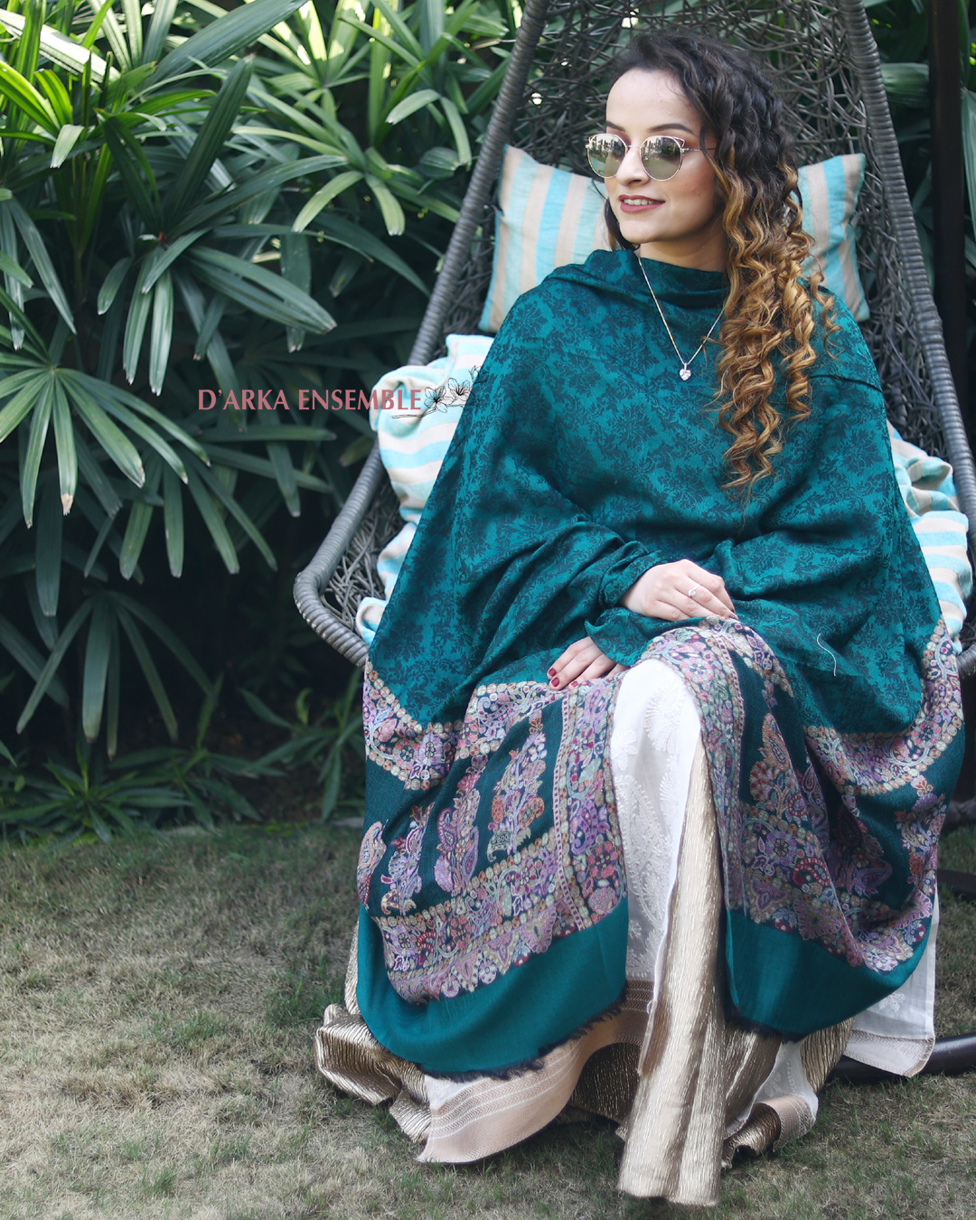 Women Bottle Green Self Weaving Pashmina Shawl - D’Arka Ensemble